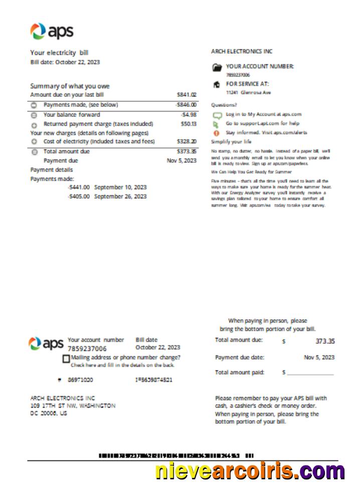Arizona APS electricity proof of address utility business bill